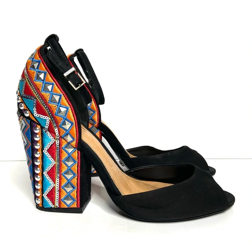 Schutz Black Suede Open Toe Ankle Strap Embroidered Block Heel Size 38
